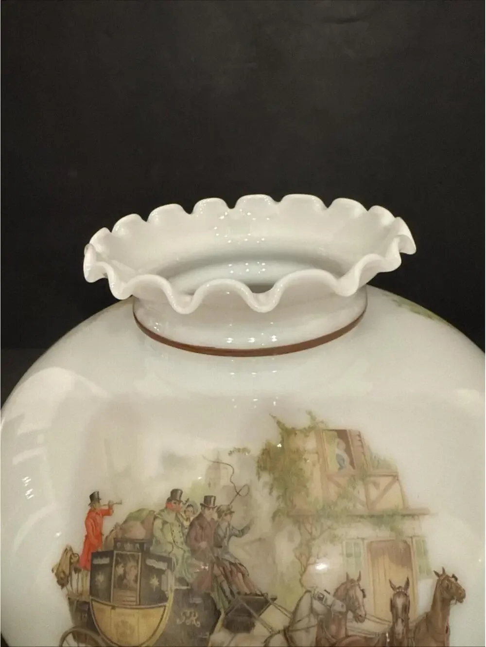 Vintage Milk Glass Lamp Shade With 3x Stagecoach Horse Scenes 9.75” Fitter